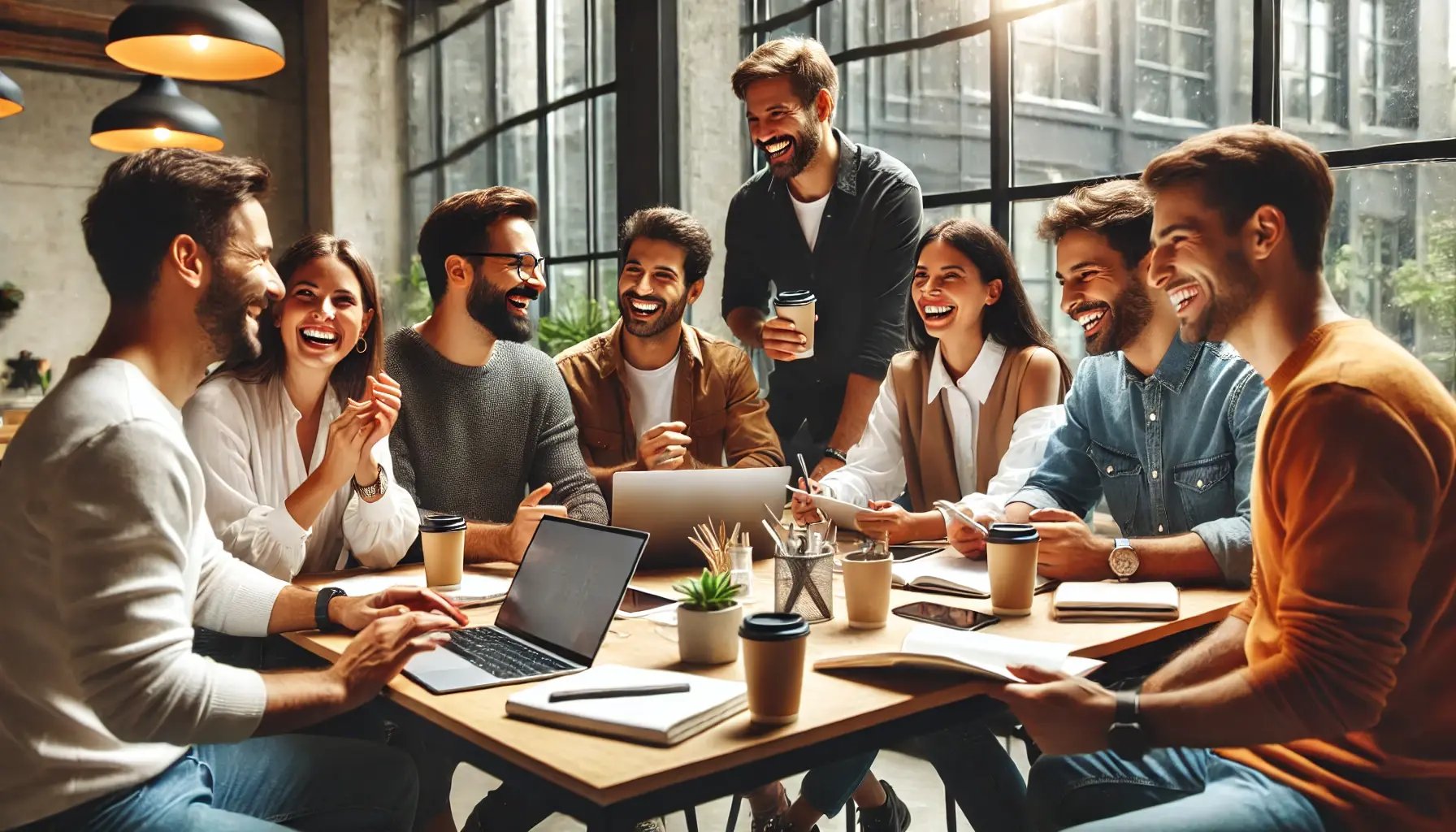 DALL·E 2024-07-21 02.30.14 - A diverse group of employees happily collaborating in a modern, well-lit office space. They are gathered around a table with laptops, notebooks, and c