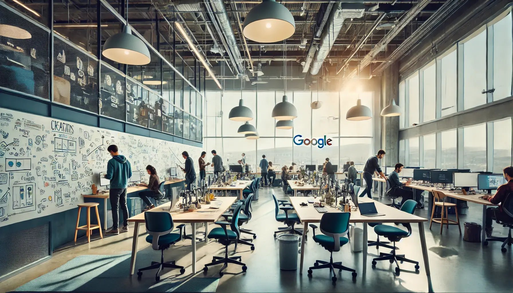 DALL·E 2024-07-21 03.00.01 - An innovative workspace at Google headquarters featuring employees collaborating in a casual setting. There are large windows letting in natural light
