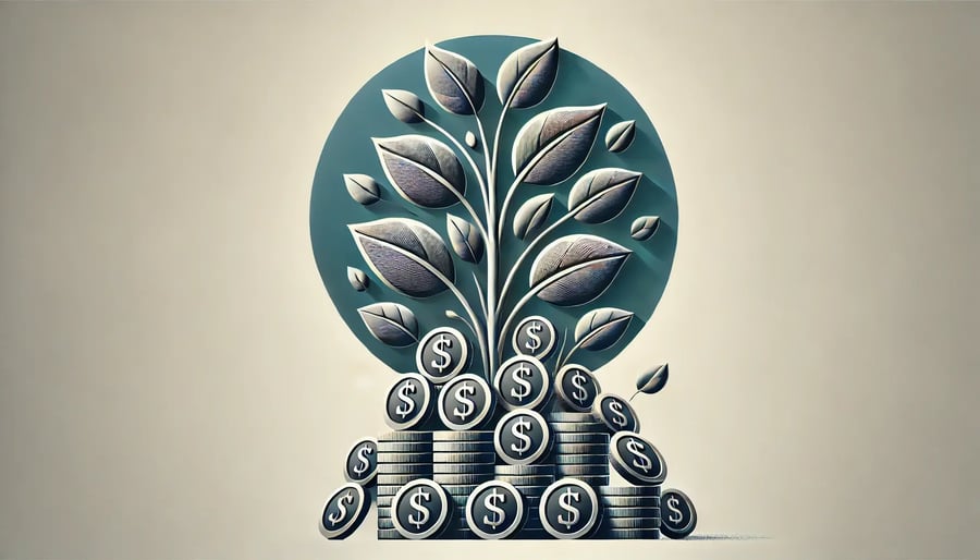 DALL·E 2024-07-31 15.28.22 - A stylized image of a plant growing from a pile of coins. The coins are artistically arranged, and from the center, a stylized plant with leaves and s
