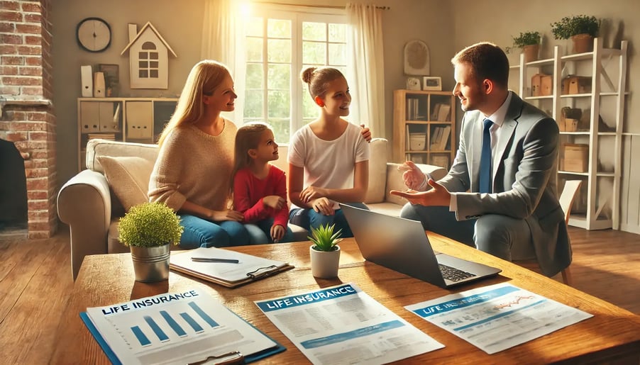 DALL·E 2024-08-21 20.02.24 - A family in a warm and inviting living room, surrounded by documents and a laptop, discussing life insurance. The scene includes a financial advisor e