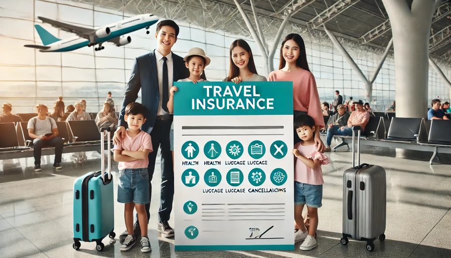 DALL·E 2024-08-22 12.22.04 - A family at the airport preparing for a vacation, with a large travel insurance document prominently displayed next to them. The document has icons re