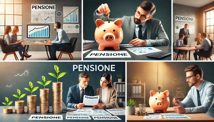 DALL·E 2024-08-22 18.31.21 - Three different 16_9 images related to pension funds and financial planning for young employees.__1. A young professional sitting at a desk in a moder