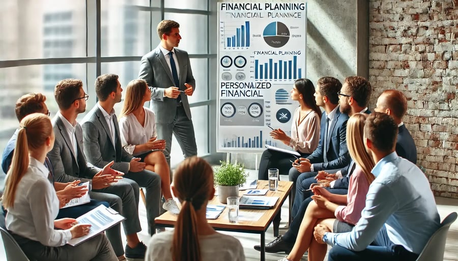 DALL·E 2024-10-02 17.32.39 - A diverse group of employees sitting together in a professional setting, attentively listening to a financial expert giving personalized financial adv