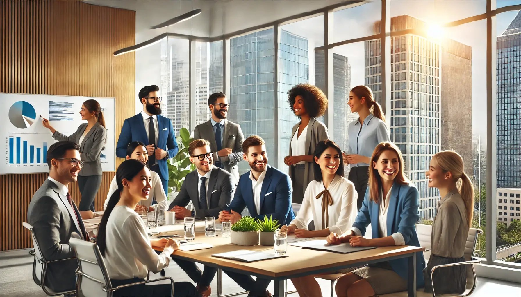 DALL·E 2024-10-04 16.26.46 - A modern corporate office environment with a diverse group of employees collaborating around a conference table. People of different genders, ethnicit