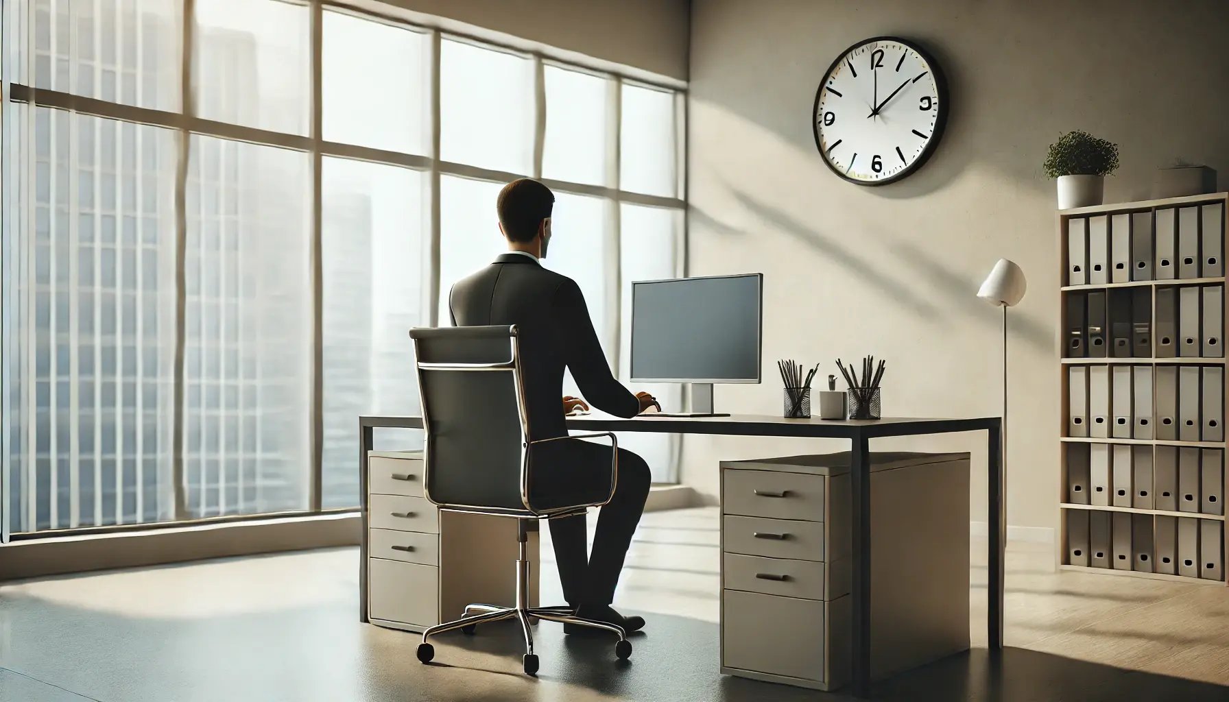 DALL·E 2024-10-16 18.34.24 - A simple and realistic scene of an office worker at a desk, typing on a computer in a modern, well-lit office. The environment feels calm, with natura