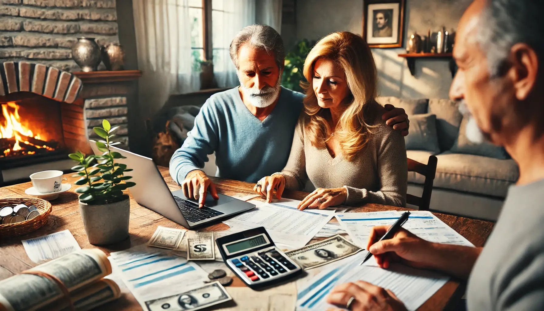 DALL·E 2024-10-18 19.38.57 - An image of an Italian adult family at home, discussing personal finances together. The scene includes bills, a calculator, and a laptop on the table,