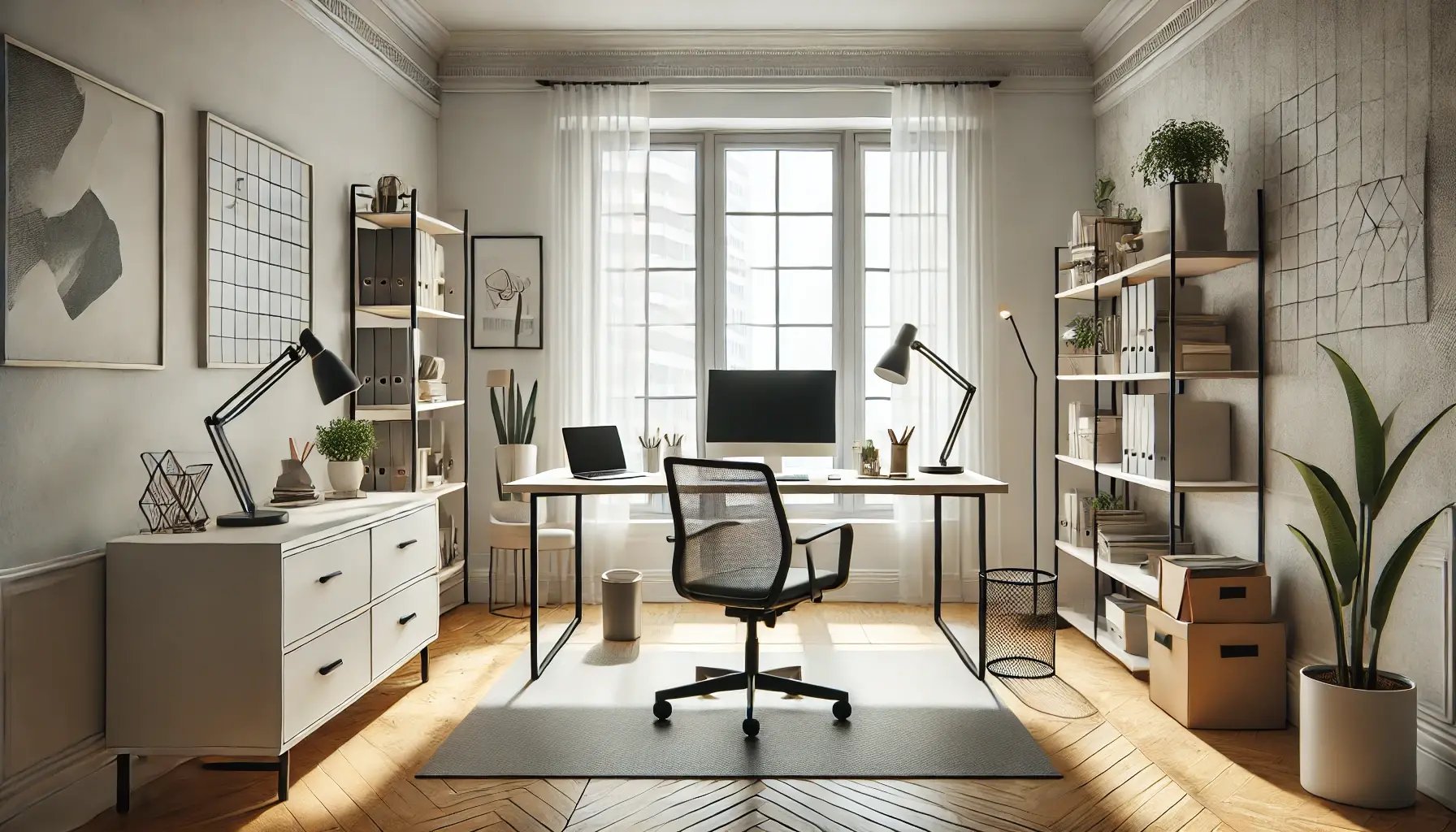 DALL·E 2024-10-25 16.53.07 - A home office with a clean, minimalist design showcasing a professional setup for remote work. The room has natural lighting, ergonomic furniture, a d