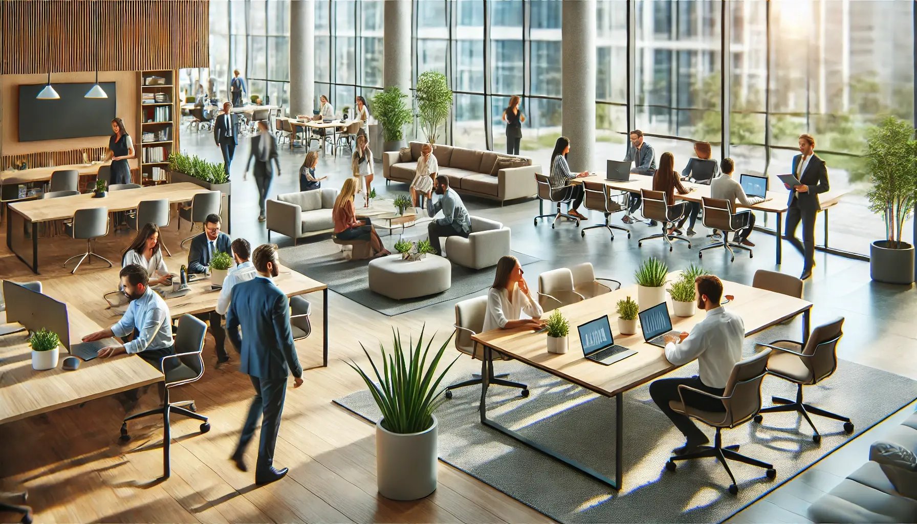 DALL·E 2024-10-25 16.53.40 - A modern office workspace with employees working collaboratively at desks and meeting areas. There are people engaged in conversations, others working