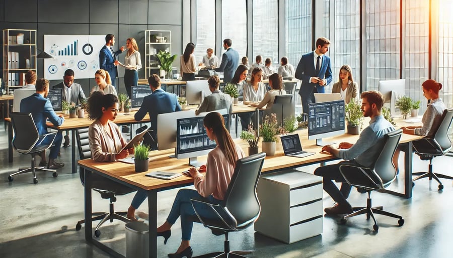 DALL·E 2024-11-06 18.16.28 - A modern office workspace with employees working collaboratively at their desks. People of diverse backgrounds are engaged in various tasks like typin