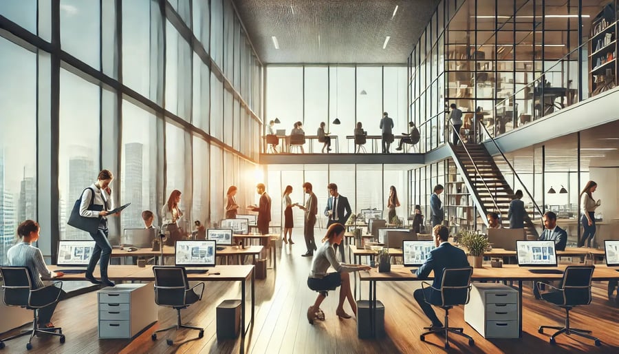 DALL·E 2024-11-08 18.33.47 - un moderno ufficio aziendale con dipendenti al lavoro, mostrando diverse postazioni di lavoro aperte, persone che collaborano e discutono tra loro. L